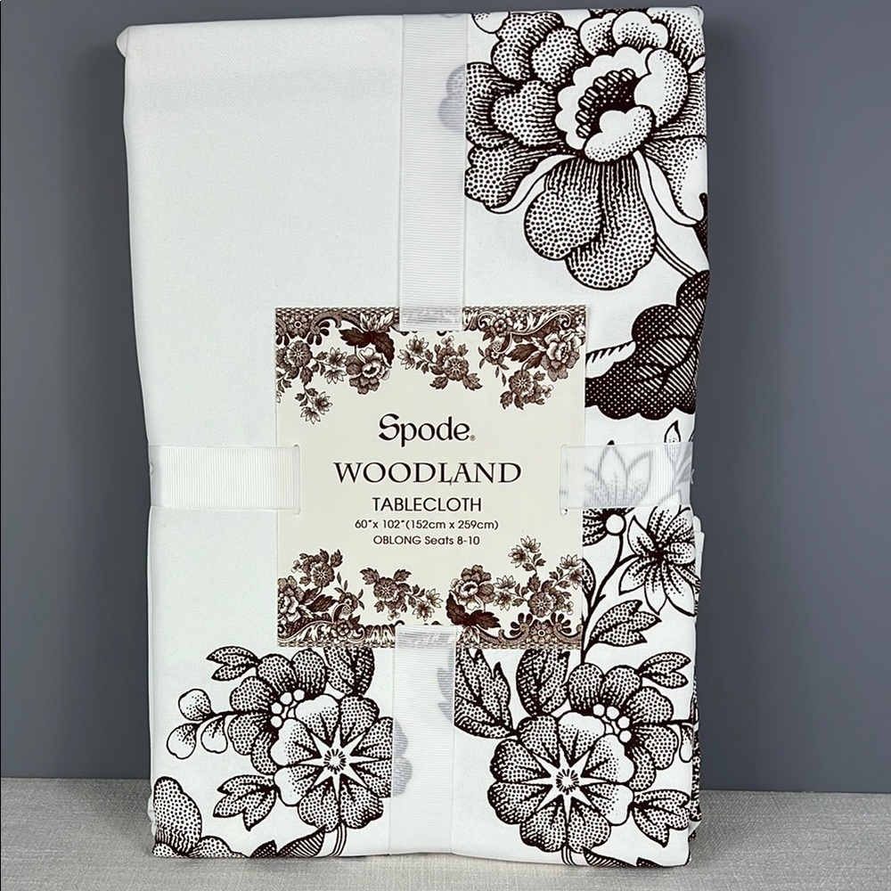 Spode Woodland Tablecloth - White and Brown Floral 60" x 102" Seats 8-10 NEW